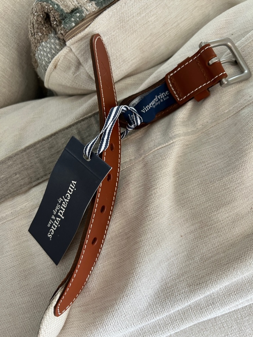 Vineyard Vines Brown Leather Belt with White Stitching - Picture 2 of 3